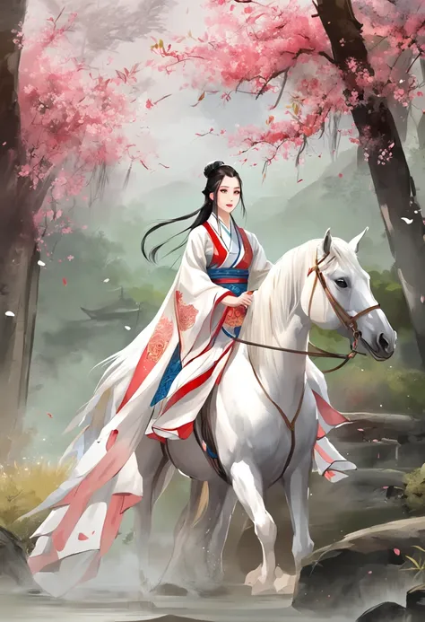 A woman dressed in traditional clothing rides a horse through a bamboo forest, Hanfu, Palace ， A girl in Hanfu, White Hanfu, Wuxia, full-body wuxia, Wearing ancient Chinese clothes, xianxia fantasy, with acient chinese clothes, Chinese costume, Anime girl ...