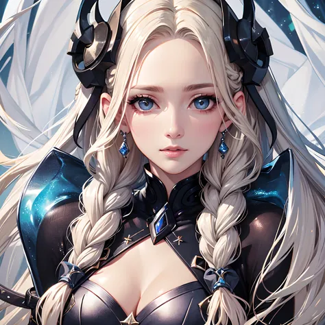 ​masterpiece、top-quality、hight resolution、High-quality images、8K、1womanl、detaileds、Detailed eye depiction、skin gloss、Glossy Long Platinum Blonde、Braided hair、anastasia、portlate、abyssal、legends