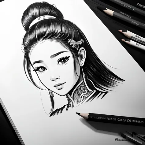 Drawing Logo Design, Logo, Text Space, Black and white stick figure 1 girl , Myanmar traditional Girl, beautiful line art, pencil and ink caricature drawing, black and white coloring, Drawing logo