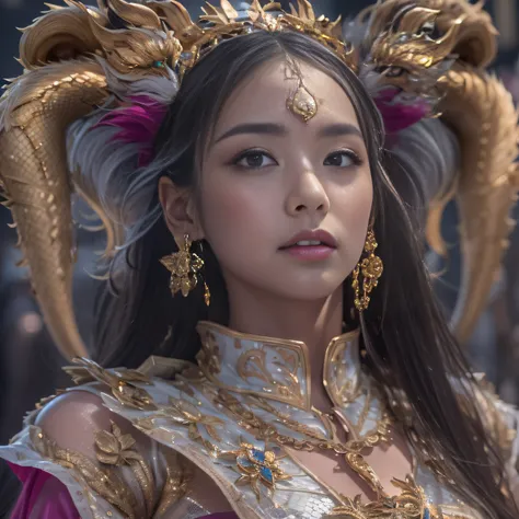 16k（tmasterpiece，k hd，hyper HD，16k）short detailed hair，Gold jewelry area in the back room，Smoke ring girl ，Bronze Dragon Protector （realisticlying：1.4），Python pattern robe，Purple-pink tiara，Snowflakes fluttering，The background is pure，Hold your head high，B...