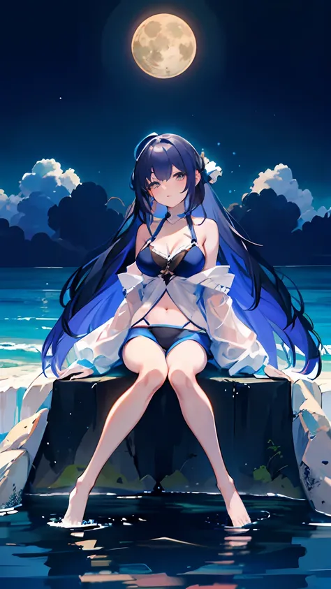 Anime girl sitting on a rock in the ocean，The background is the full moon，wallpaper anime blue water，Blue sea, blue sea，anime moe art style，in a bathing suit，Highest rated on Pisif，azur lane style，goddess of the sea，azure water，nigth