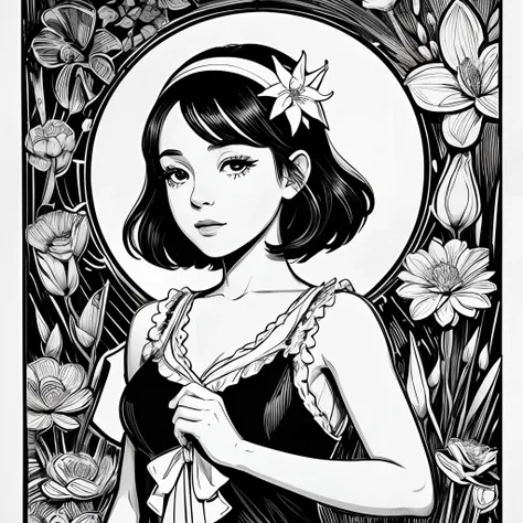 Black and white stick figure 1 girl with river lillies flower in background, loli in dress with flowers, its fine ink line art, comic style, portrait of ploynesian girl, Marilyn Munroe, Hollywood glam, beautiful line art, black and white comic style, manga...