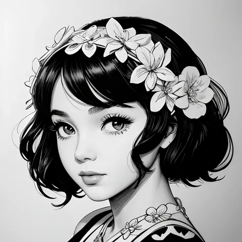 Black and white stick figure 1 girl with jasmin flower in background, loli in dress with flowers, its fine ink line art, comic style, portrait of ploynesian girl, Marilyn Munroe, Hollywood glam, beautiful line art, black and white comic style, manga style,...