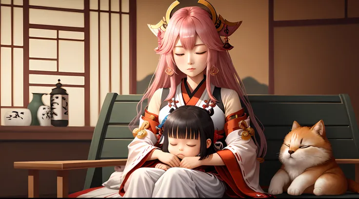 Yae Miko sleeps on Shoden Shoguns lap