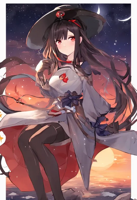 aurora, cloud, earth_(planet), galaxy, gradient_sky, milky_way, night, night_sky, planet, shooting_star, sky, space, star_(sky), starry_sky, starry_sky_print, sunset, twilight, constellation, megumin,1girl,black hair, horizon, sitting,single_thighhigh, dus...