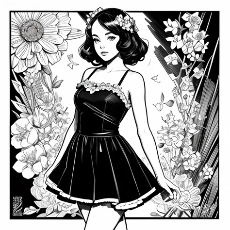 Black and white stick figure 1 girl with jasmin flower in background, loli in dress with flowers, its fine ink line art, comic style, portrait of ploynesian girl, Marilyn Munroe, Hollywood glam, beautiful line art, black and white comic style, manga style,...