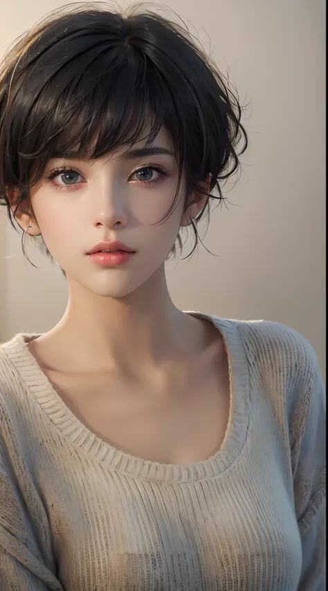 (masterpiece:1.3), (8k, photorealistic, RAW photo, best quality: 1.4), (1girl), beautiful face, (realistic face), (black hair, short hair:1.3), beautiful hairstyle, realistic eyes, beautiful detailed eyes, (realistic skin), beautiful skin, (sweater), absur...