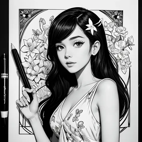 Black and white stick figure 1 girl with jasmin flower in background, loli in dress with flowers, its fine ink line art, comic style, portrait of ploynesian girl, Marilyn Munroe, Hollywood glam, beautiful line art, black and white comic style, manga style,...