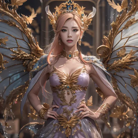 32K（tmasterpiece，k hd，hyper HD，32K）Short flowing light orange hair，Gold jewelry area in the back room，Female fairy ，Silver Gold Dragon Protector （realisticlying：1.4），Python pattern robe，Purple-pink tiara，Gold foam flutters，The background is pure，Hold your ...