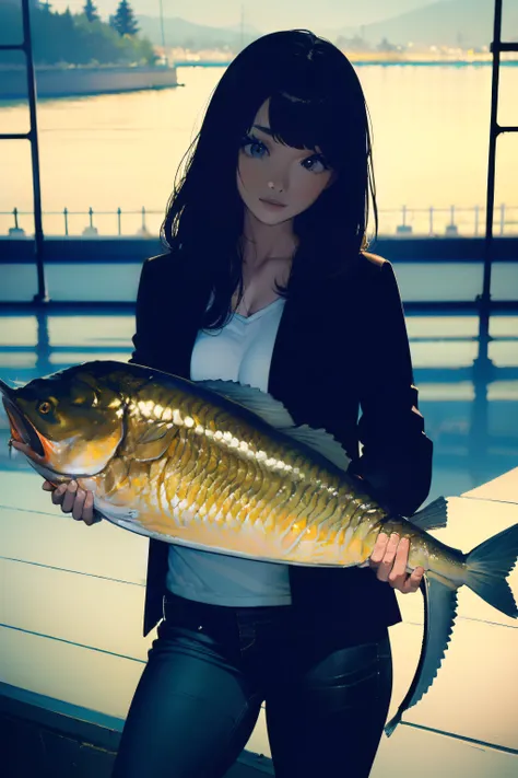 ((((Catching a huge fish by the lakeside:1.5)))),((Female 28 years old))((Best Quality:1.5)),(((Hands with the correct number and structure of fingers:1.4))),((Big fish:1.37)),hight resolution,ultra-detailliert,​masterpiece,best qualtiy,Eight-headed body,B...