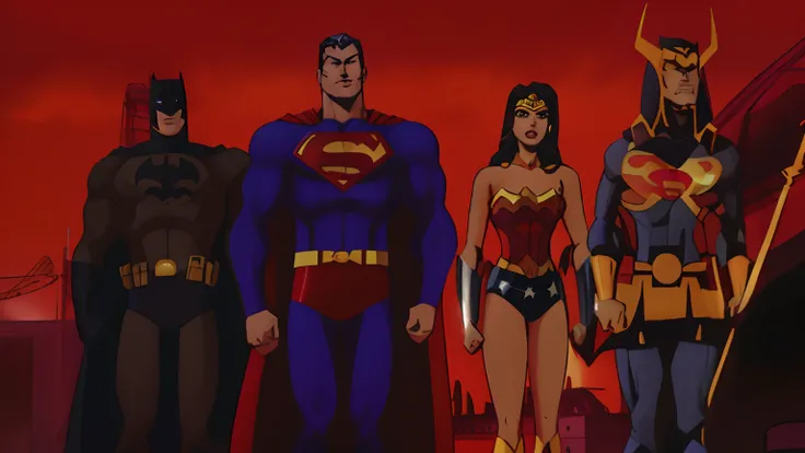 Batman, maravilha, and wondergirl standing in front of a red background, in the justice league, justice league, Salvando o dia novamente, animated episode still, animated series, Estilo DC Comics, Estilo da DC Comics, Estilo de Arte DC Comics, filme animad...