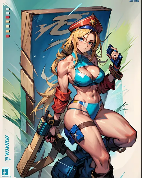 a cartoon image of a woman in a bikini and hat with a gun, Cammy, arte oficial altamente detalhada, arte oficial, fanart de videogame, personagem de jogo de luta, inspirado em Masamune Shirow, Lutador de rua, Arte da sede, color digital illustration, fofos...