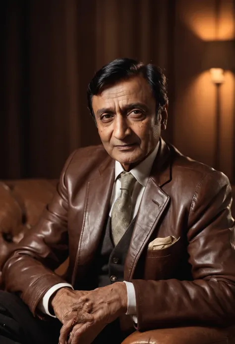 portrait of Bollywood actor dev Anand, sitting on a leather couch, music studio behind, warm cinematic lighting