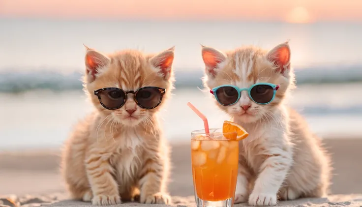 kittens with sunglasses drinking cocktail, on the beach, photo, party, palm trees, sunset, sombrero