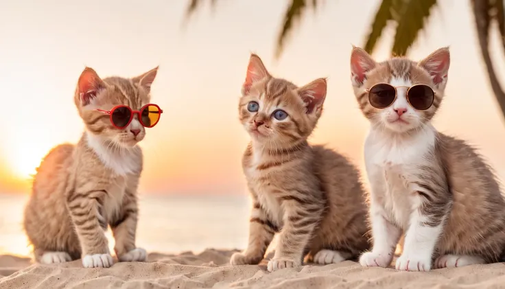 kittens with sunglasses drinking cocktail, on the beach, photo, party, palm trees, sunset, sombrero