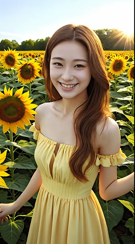 (top-quality、​masterpiece:1.2)、ultra-detailliert、(photographrealistic:1.4)、独奏、Cute little girl s、20yr old、lightsmile、Onepiece、Surrounded by sunflowers、small tits、tiny chest、Sun flower、realistic skin textures、Brown long hair、Off-the-shoulder summer dresses