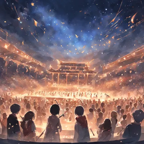 On a summer night，People gather in outdoor concert venues。Moving music was played on stage，The notes flutter in the wind。Professional paintings capture the expressions and gestures of the musicians，At the same time, it shows the emotional communication bet...