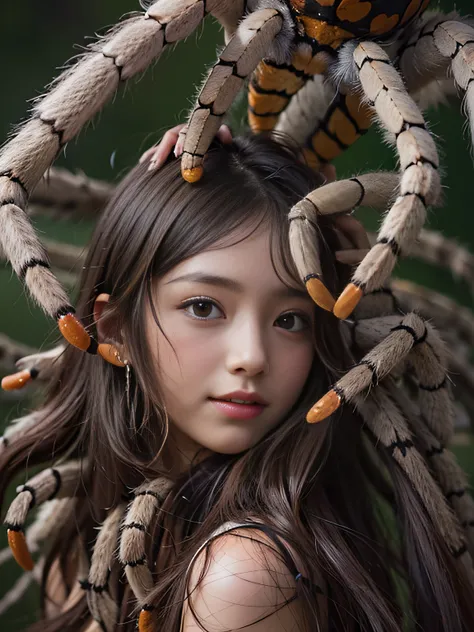 Realistic high definition realistic photo photo natural light beautiful girl、Clear skin, Elaborate face, Big eyes, Beautiful skin, dark brown hair, The upper part of the body、White thin cloth tank top、A tarantula is riding on the palm of a girl、The spider ...