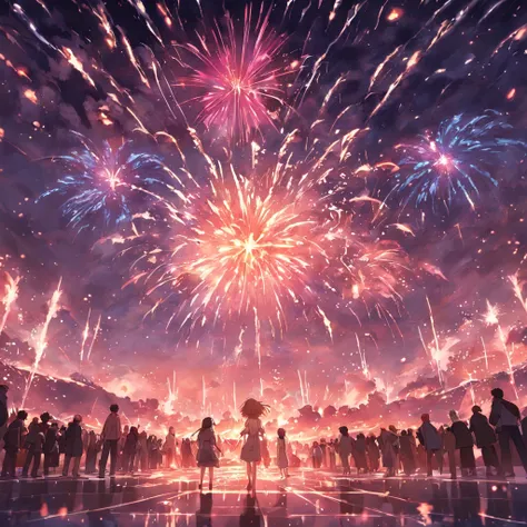 In the vast night sky，(Brilliant fireworks:1.3)Bursting with colorful light，Bloom in an instant(Beautiful picture:1.2)。Peoples eyes are attracted by this brilliant sight，They all looked up at the sky，Let out cheers of joy。