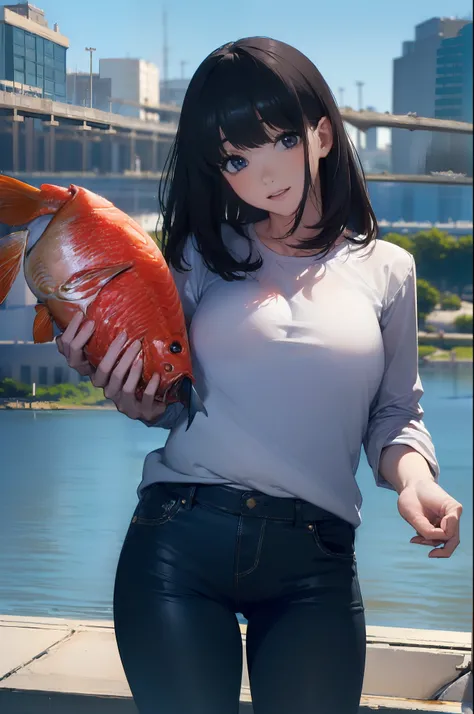 ((((Catching a huge fish by the lakeside:1.5)))),((Female 28 years old))((Best Quality:1.5)),(((Hands with the correct number and structure of fingers:1.4))),((Big fish:1.37)),hight resolution,ultra-detailliert,​masterpiece,best qualtiy,Eight-headed body,B...