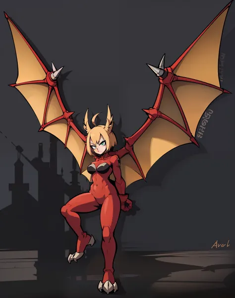 My Hero Academia style, anime Girl, female, trending on artstation pixiv, (full body shot:0.5), wide hips, wide thighs, large breast, Bat wings spread, bat wings, wings spread, bat, short hair, red hair, straight hair, bat ears, green eyes, Hero suit, full...