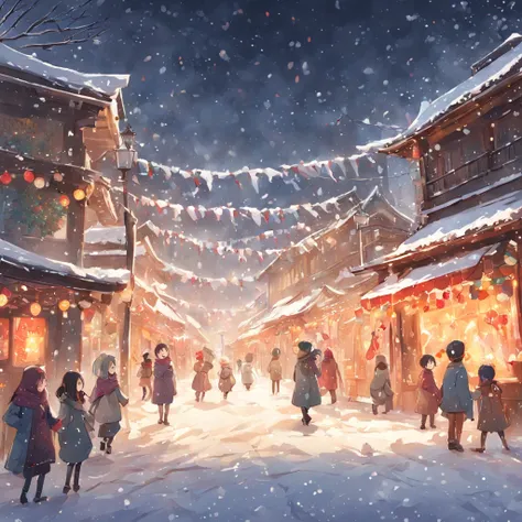 In the snowy winter scene，People celebrate the festival happily，Decorated with ornate houses。The paintings vividly show people having snowball fights、Joyful scene of building snowmen，At the same time, the delicate texture of falling snowflakes is depicted。...