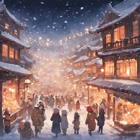 In the snowy winter scene，People celebrate the festival happily，Decorated with ornate houses。The paintings vividly show people having snowball fights、Joyful scene of building snowmen，At the same time, the delicate texture of falling snowflakes is depicted。...