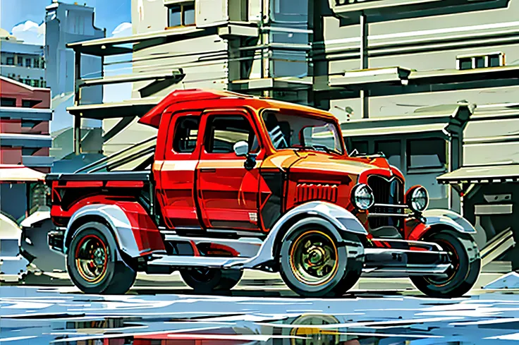 there is a red truck parked in front of a building, restomod, ford model t, classic cars, black steel with red trim, classic car, red car, vintage cars, desktop background, vehicle photography, vintage car, three-quarter body, 1927, 1 9 2 7