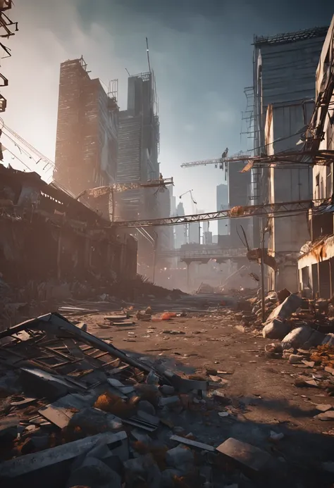 There is a picture of a construction site，There is a construction crane, created in unreal engine 5, made in unreal engine 5, destroyed city in background, render in unreal engine 5, unreal engine 5 digital art, hyper-realistic environment, outdoors ruined...