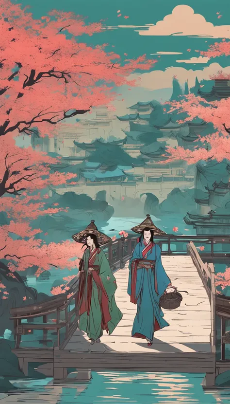 a drawing，The painting shows two women walking across a bridge over the river, Chinese fantasy, by Yang J, A beautiful artwork illustration, Japanese art style, author：Qu Leilei, Beautiful digital artwork, author：Fan Qi, Chinese painting style, Fantasy art...