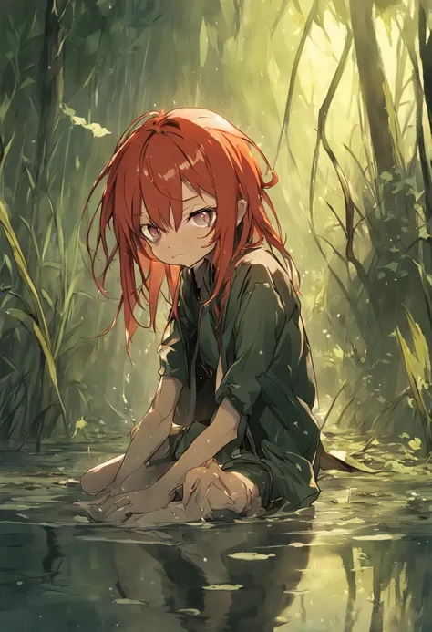 That guy., (Tortured by lust:1.3), ((Deep knees in the swamp)). Wet jeans, leather jacket, (Emaciated face:1.4), (Dehydrated face:1.5), (Outcast, touhou:1.6), Copper red hair