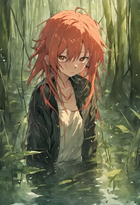 That guy., (Tortured by lust:1.3), ((Deep knees in the swamp)). Wet jeans, leather jacket, (Emaciated face:1.4), (Dehydrated face:1.5), (Outcast, touhou:1.6), Copper red hair