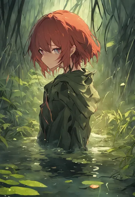 That guy., (Tortured by lust:1.3), ((Deep knees in the swamp)). Wet jeans, leather jacket, (Emaciated face:1.4), (Dehydrated face:1.5), (Outcast, touhou:1.6), Copper red hair