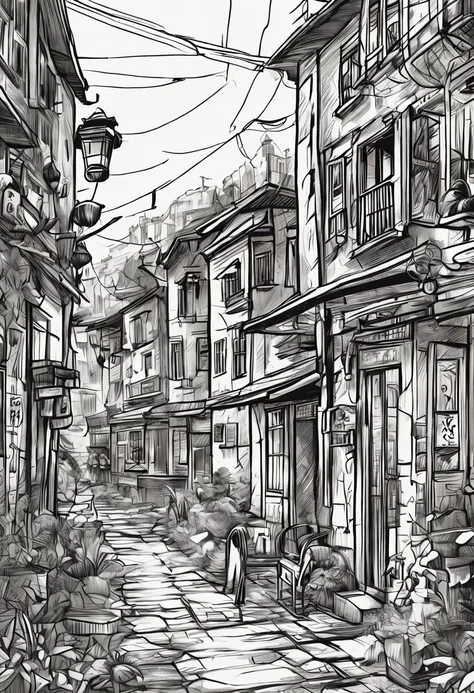 Cartoon Beauty，Around twenty years old，Old town streets，There are lanterns。black and white sketch