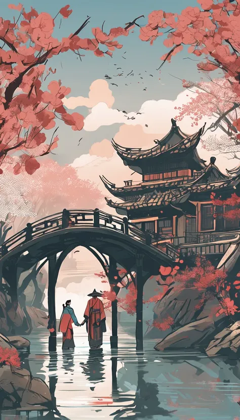 a drawing，The painting depicts a man and a woman walking across a bridge over the river,Kiss on the bridge, A beautiful artwork illustration, Japanese art style, author：Qu Leilei, Beautiful digital artwork, author：FAN Qi, Chinese painting style, Fantasy ar...