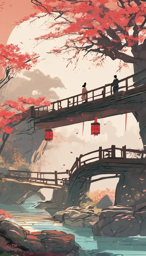 a drawing，The painting depicts a man and a woman walking across a bridge over the river,Kiss on the bridge, A beautiful artwork illustration, Japanese art style, author：Qu Leilei, Beautiful digital artwork, author：FAN Qi, Chinese painting style, Fantasy ar...