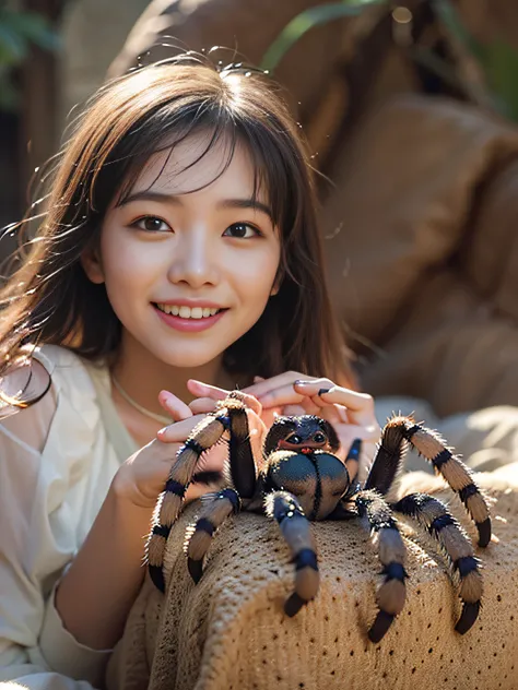 Realistic high definition realistic photo photo natural light beautiful girl、Clear skin, Elaborate face, Best Beautiful Girl、Big eyes, Beautiful skin, dark brown hair, The upper part of the body、White thin cloth tank top、A small tarantula is riding on the ...