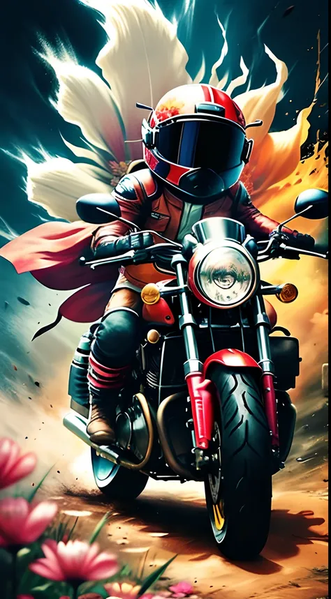 motorcycle,flower,character,Chibi,real,art, explosion,
yang08k, photography, beautiful,  colorful,realistic,
masterpieces, top quality, best quality, official art, beautiful and aesthetic,