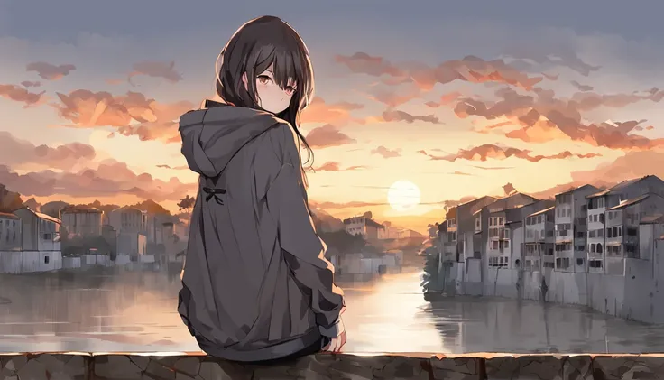 Single anime girl, looking at camera, sad face, sunset in background, upper body, ultra detailed, wearing dark grey hoodie, hood on, character back facing sunset, sad, expressionless dark ambience, brown eyes, faraway shot, camera far