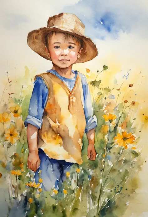 portrait of a small boy on a open field looking t the sky