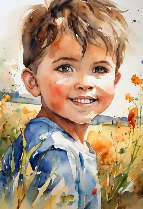 portrait of a small boy on a open field looking t the sky