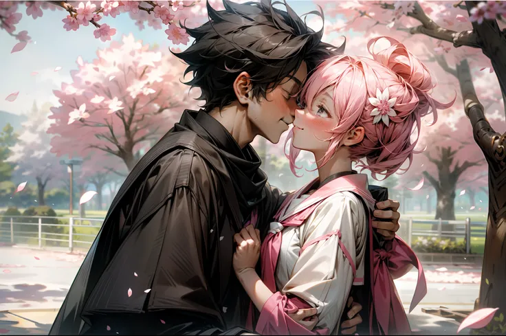 A boy and a girl，couple，Look at each other and laugh，Kissing the tip of the nose，ssmile，under a sakura tree，petals，Skysky，school ground，Romantic atmosphere，love heart，Sweet，Photographic lenses，Close-up of the shot，depth of fields，Best quality