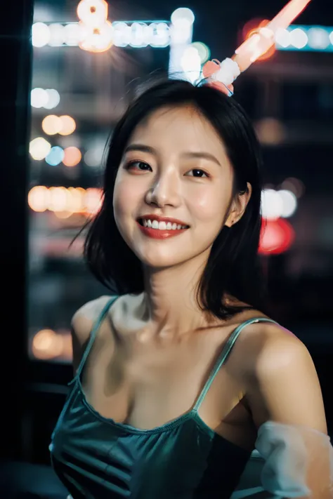 1girl, idol, model, depth of field, photo, film, face, skinny, smile, collarbone,  teeth, movie, camisole, selfie, night,