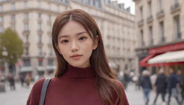 (8K、top-quality、​masterpiece:1.2)、 (realisitic、Photorealsitic:1.37)、 ultra-detailliert、DJ Soda、 1 girl in、full body Esbian、Wearing a turtleneck sweater and skinny jeans、Stand in the streets of Paris with the Arc de Triomphe in the background、 cute little、独...