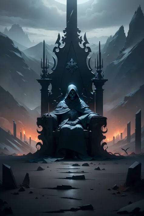 Dark Wind Big Scene，In the distance there is a throne in the middle，Sitting a Grim Reaper，Frozen Throne