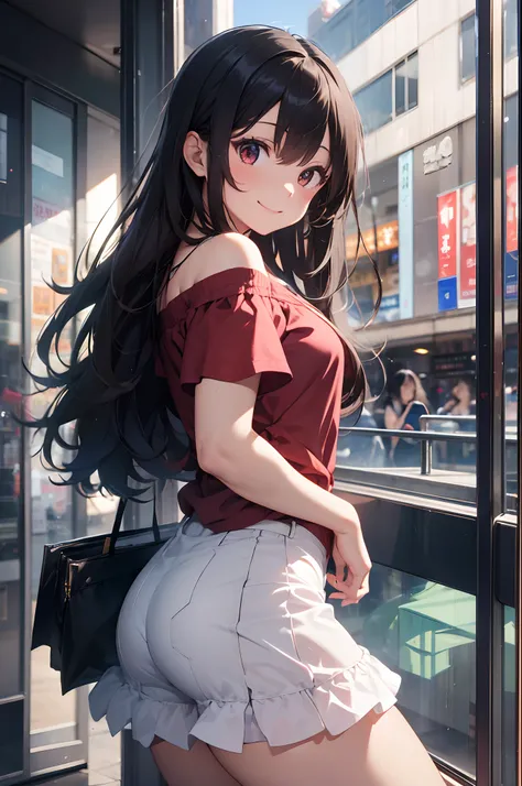 (8K, Raw photography, top-quality, ​masterpiece:1.2), 1girl in, 3 d,A dark-haired、The long-haired、posterior view、Off-shoulder short sleeve blouse、flare miniskirt、pantiy、Asian, shopping mall、A smile、