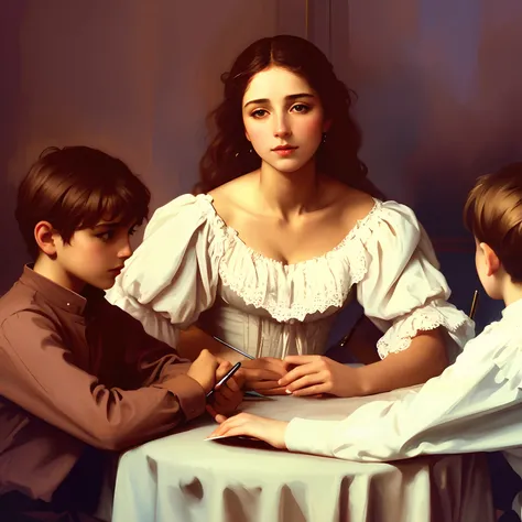 pintura de uma mulher e dois meninos sentados em uma mesa, inspirado em William-Adolphe Bouguereau, Batons Bouguereau, inspirado em Antonio Ciseri, inspired by Théodore Chassériau, Alberto Lynch, kramskoi 4 mil, Directed by: Antonio Ciseri, Lois van Baarle...