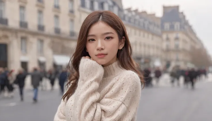 (8K、top-quality、​masterpiece:1.2)、 (realisitic、Photorealsitic:1.37)、 ultra-detailliert、DJ Soda、 1 girl in、full body Esbian、Wearing a turtleneck sweater and skinny jeans、Stand in the streets of Paris with the Arc de Triomphe in the background、 cute little、独...