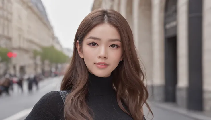 (8K、top-quality、​masterpiece:1.2)、 (realisitic、Photorealsitic:1.37)、 ultra-detailliert、DJ Soda、 1 girl in、full body Esbian、Wearing a turtleneck sweater and skinny jeans、Stand in the streets of Paris with the Arc de Triomphe in the background、 cute little、独...