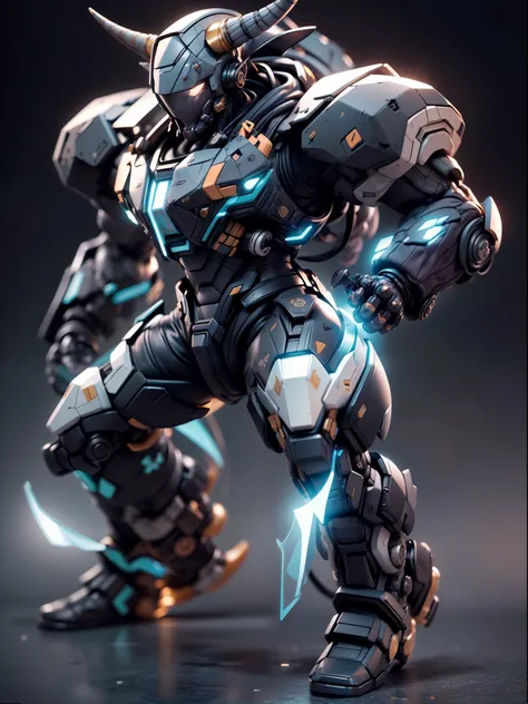 (Blind box toy style:1.3),((Full body shot)),(anthropomorphism),(1 strong bull warrior，solo),big horn，transparent plastic mecha,dreamy glow, cyberpunk style，Clean black background,white style，(circular base）( Global illumination, Ray tracing, hdr, unreal r...